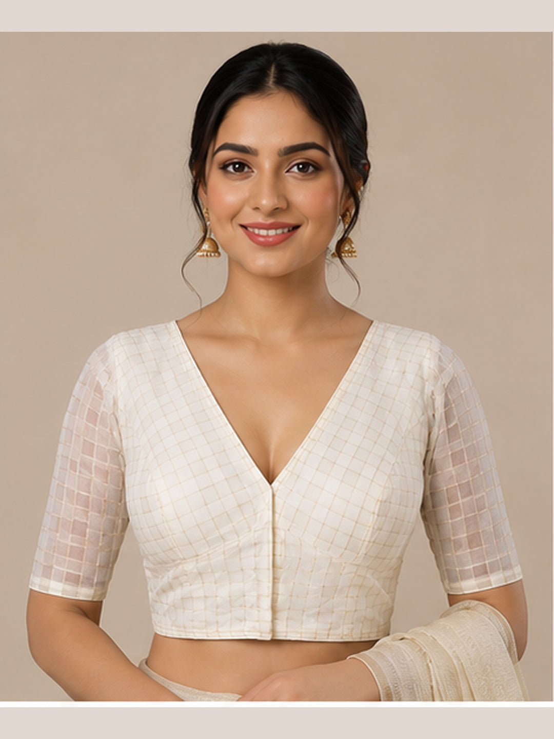 Off-white Banarasi Silk Checks | Elbow Sleeve Saree Blouse