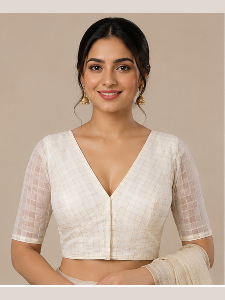 Off-white Banarasi Silk Checks | Elbow Sleeve Saree Blouse