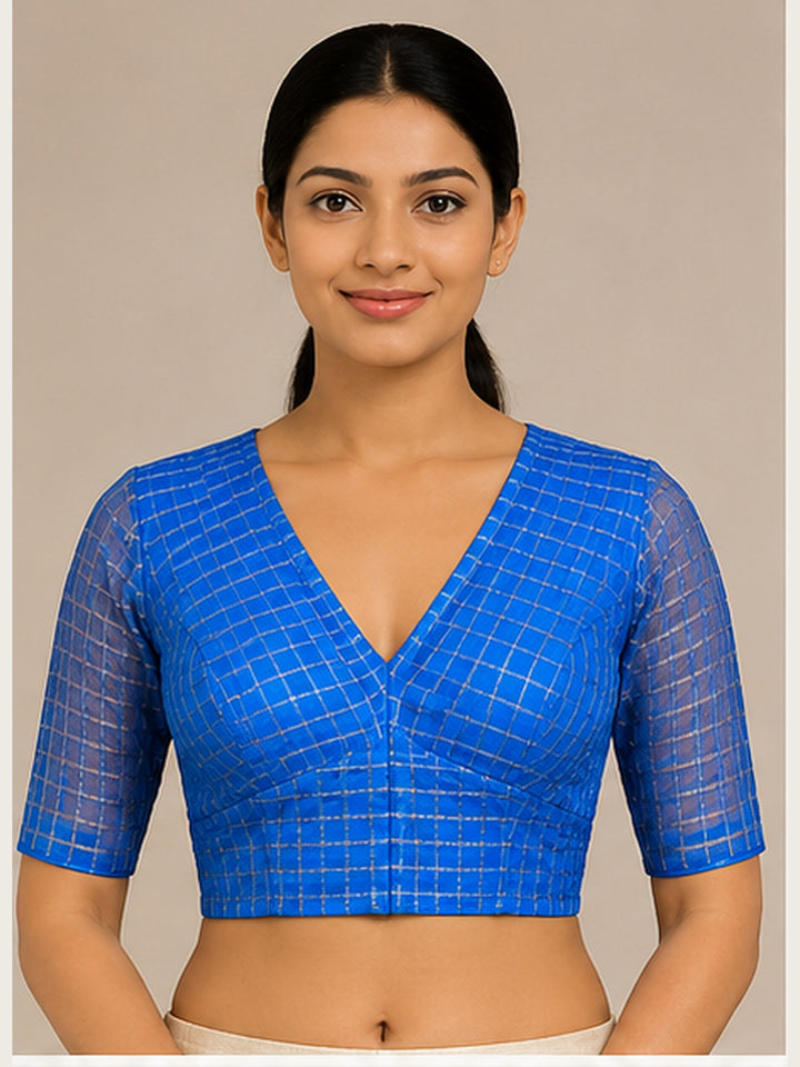 Blue Banarasi Silk Checks | Elbow Sleeve Saree Blouse