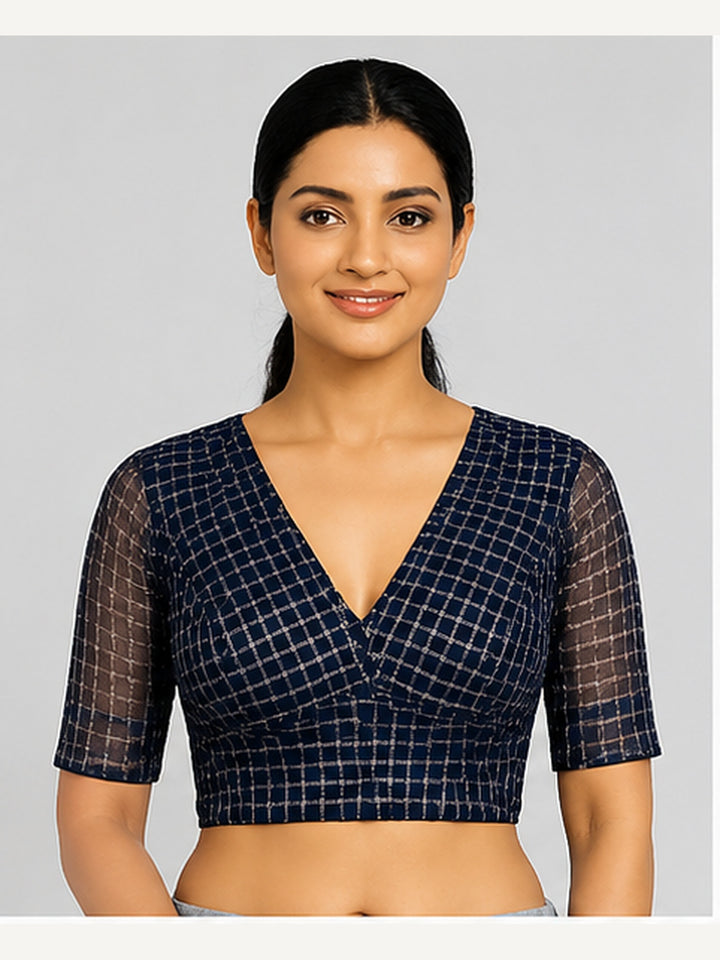Blackish Navy Blue Banarasi Silk Checks | Elbow Sleeve Saree Blouse
