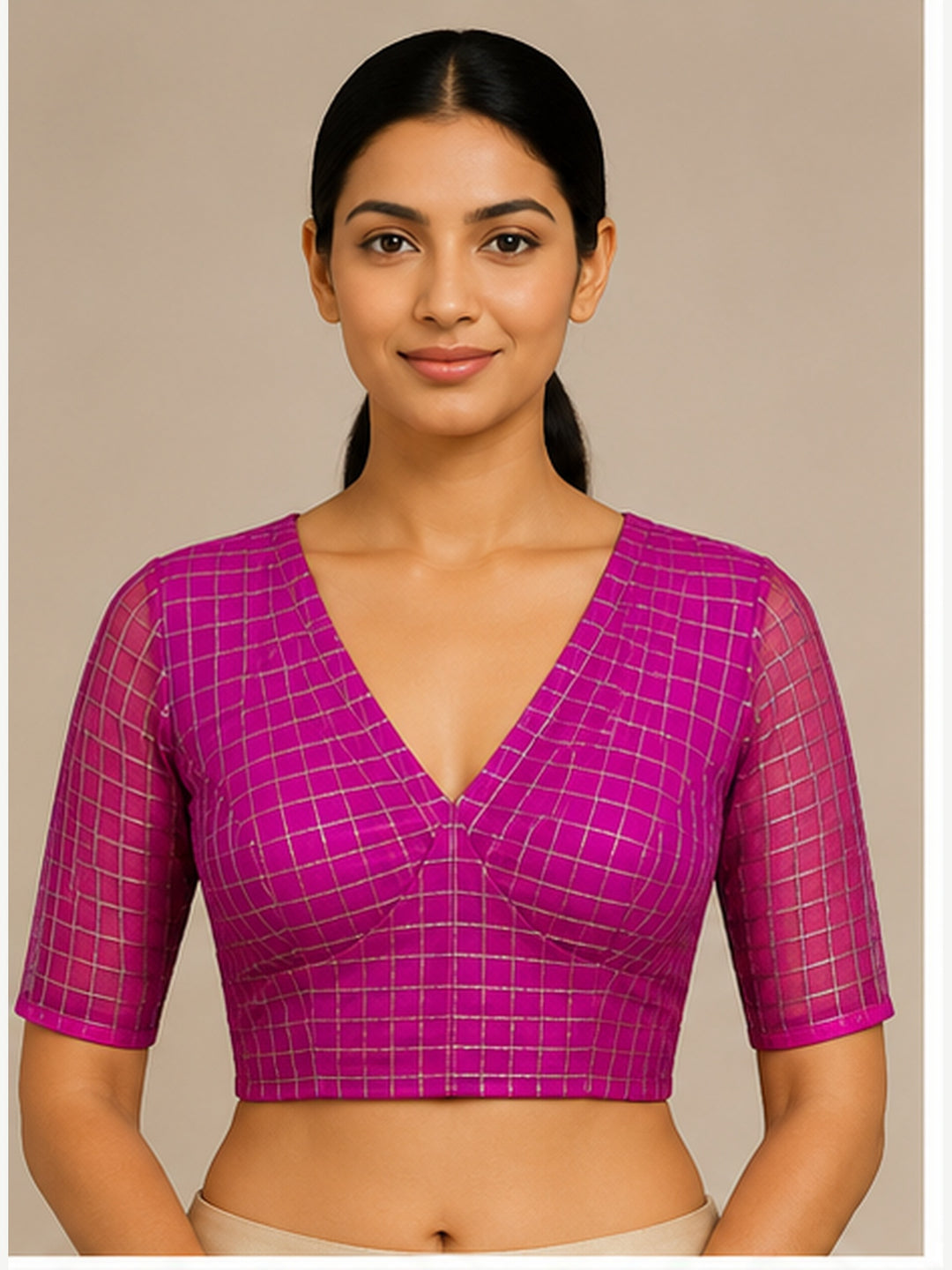 Pink Banarasi Silk Checks | Elbow Sleeve Saree Blouse