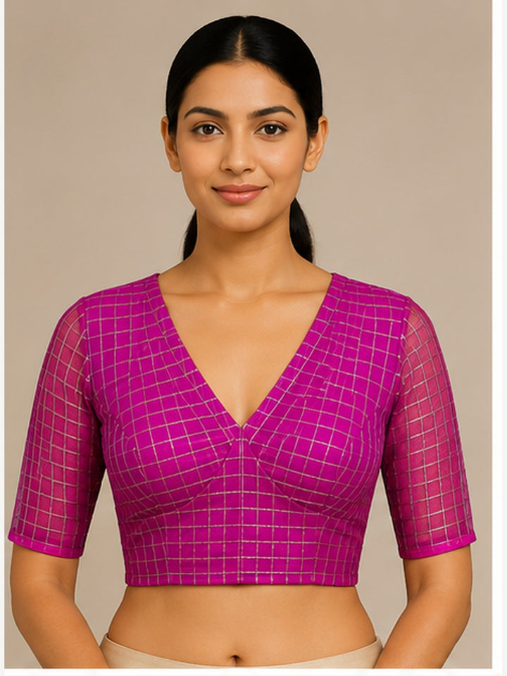 Pink Banarasi Silk Checks | Elbow Sleeve Saree Blouse