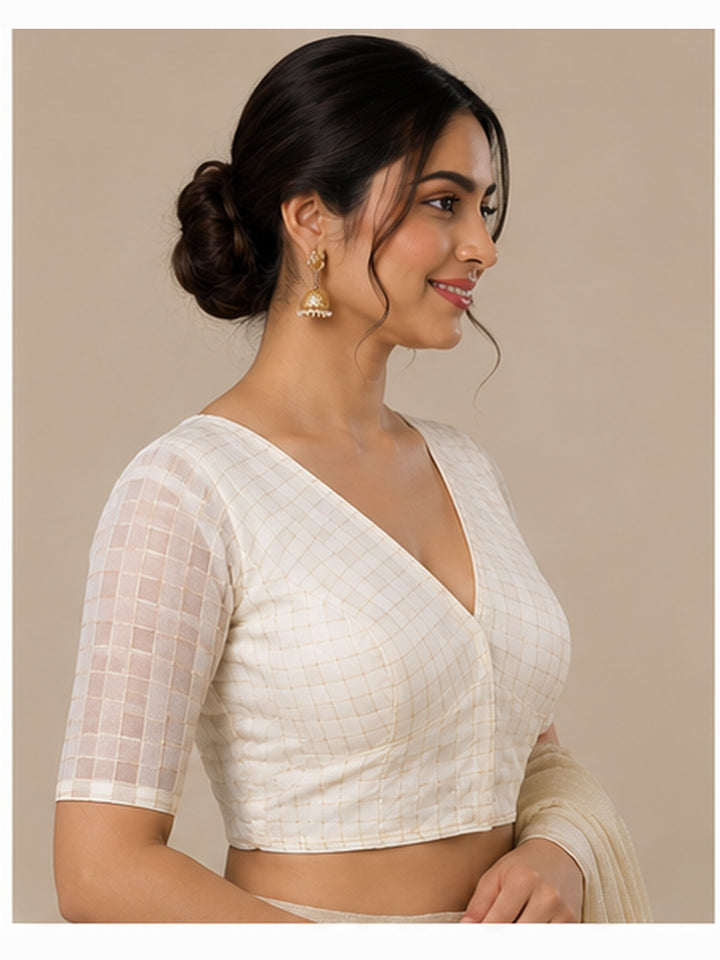 Off-white Banarasi Silk Checks | Elbow Sleeve Saree Blouse