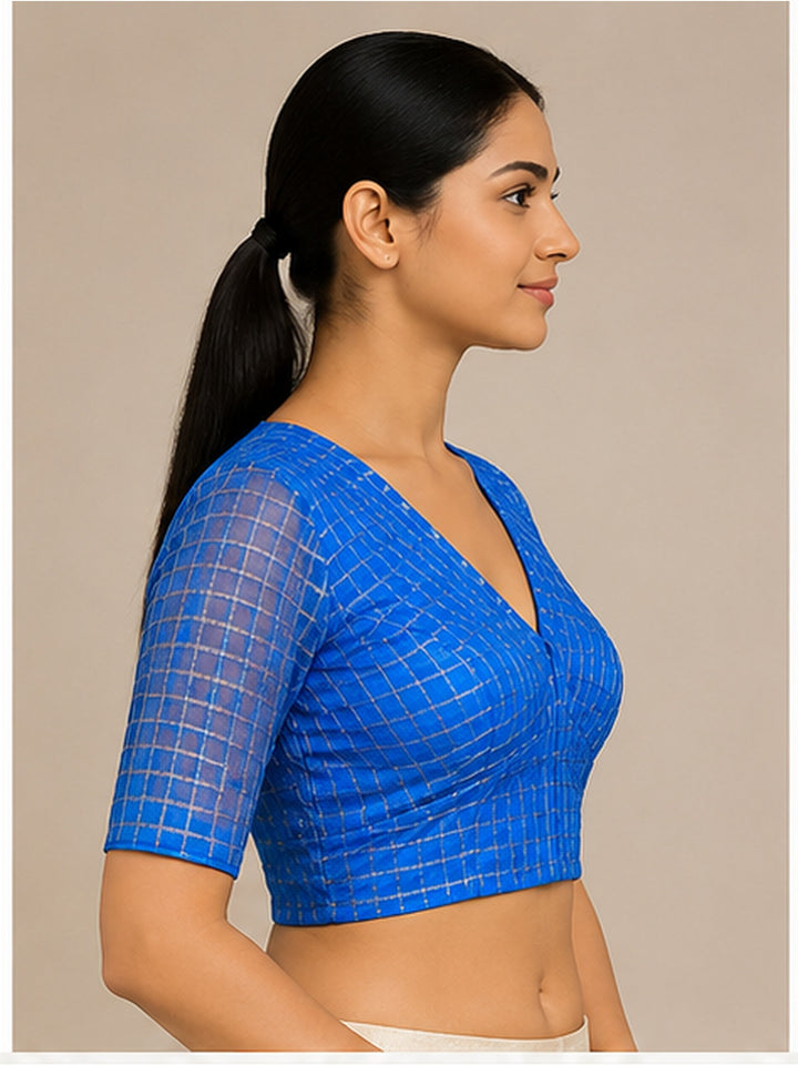 Blue Banarasi Silk Checks | Elbow Sleeve Saree Blouse