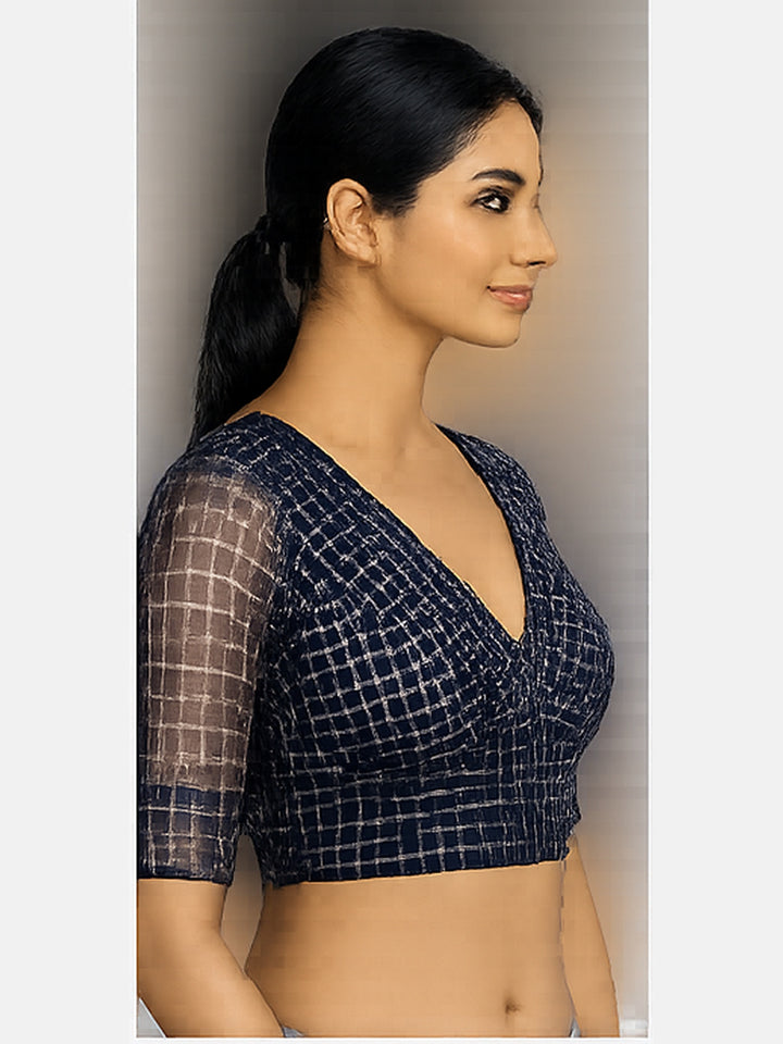 Blackish Navy Blue Banarasi Silk Checks | Elbow Sleeve Saree Blouse