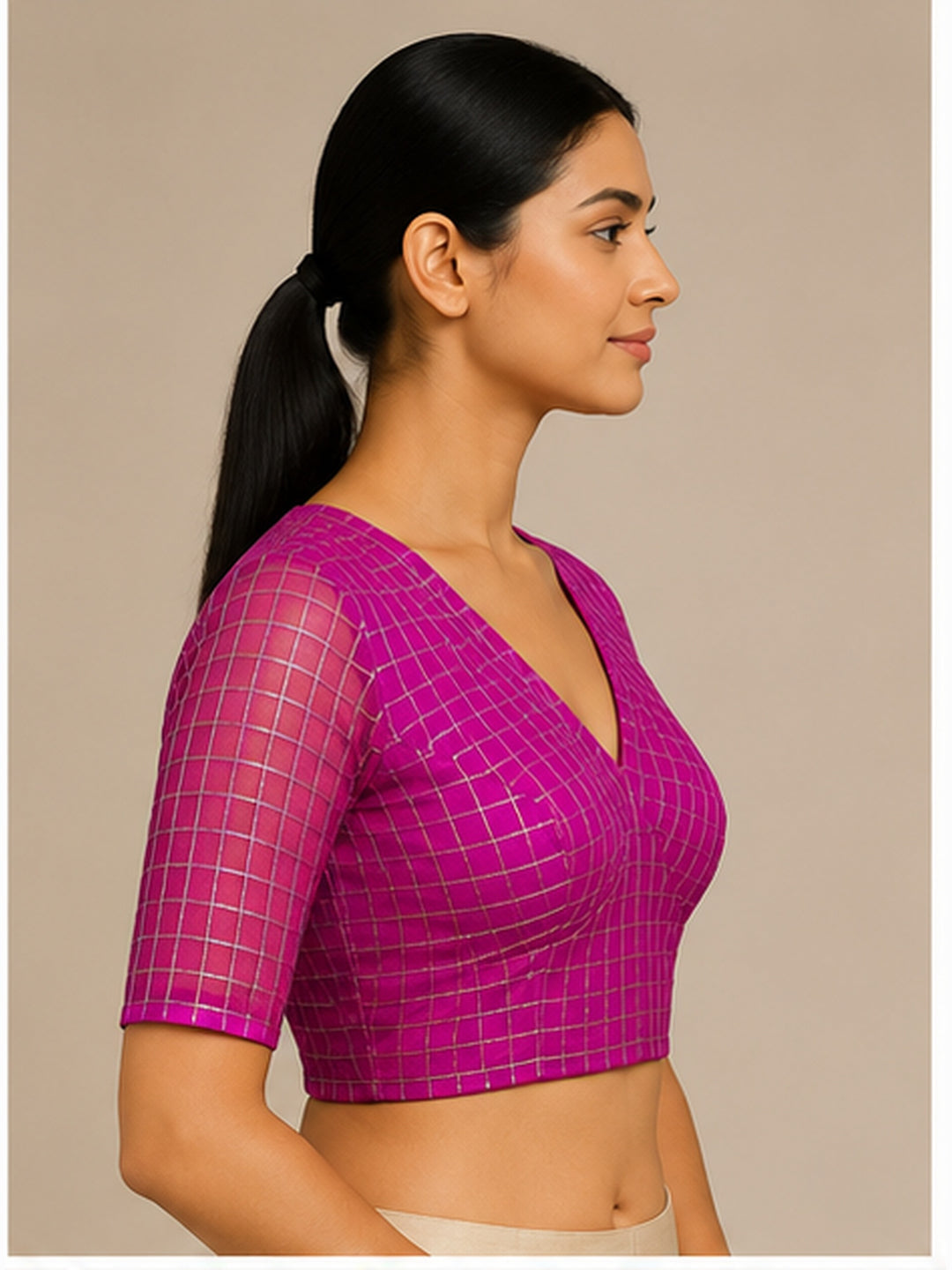 Pink Banarasi Silk Checks | Elbow Sleeve Saree Blouse