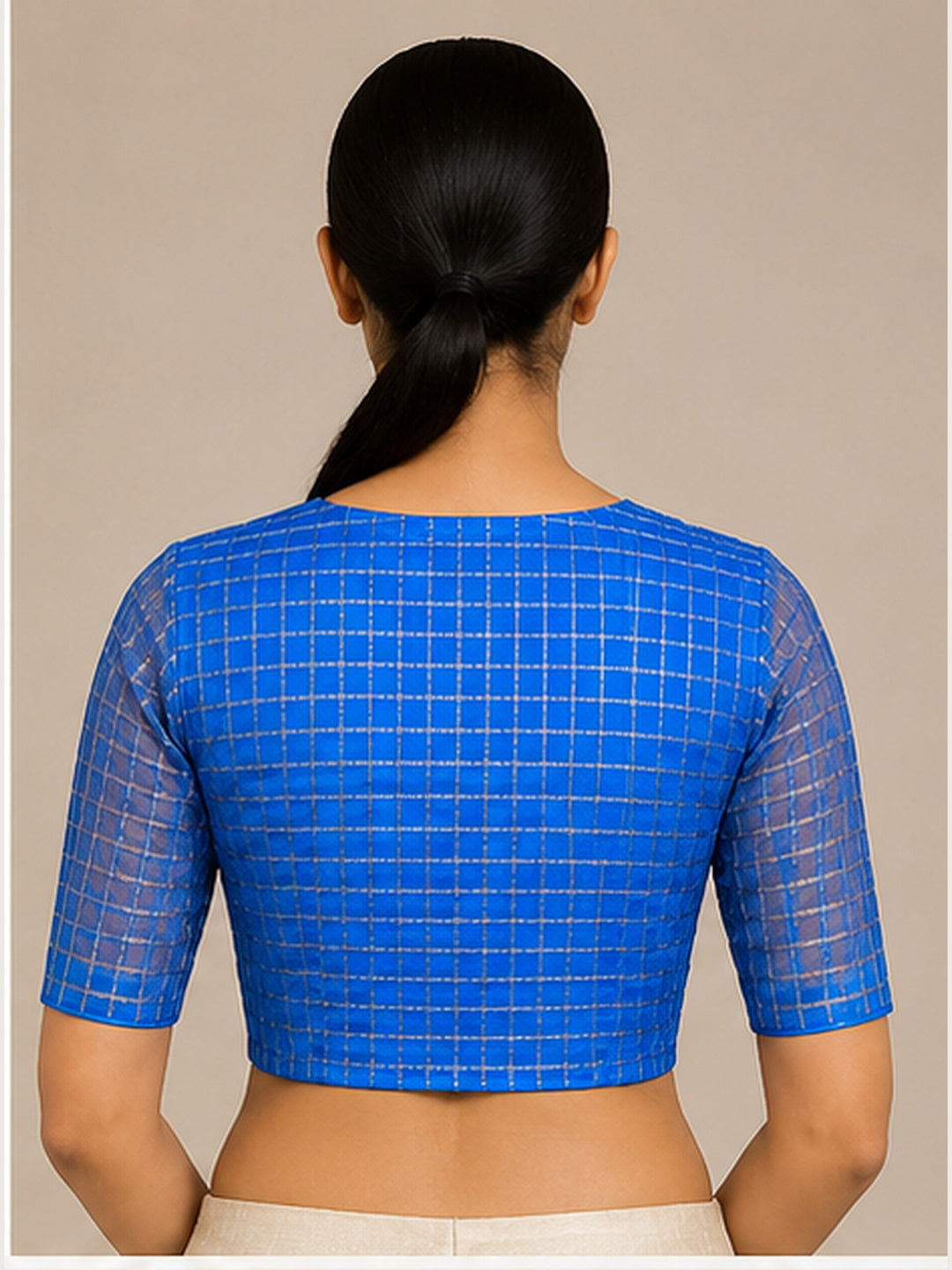 Blue Banarasi Silk Checks | Elbow Sleeve Saree Blouse