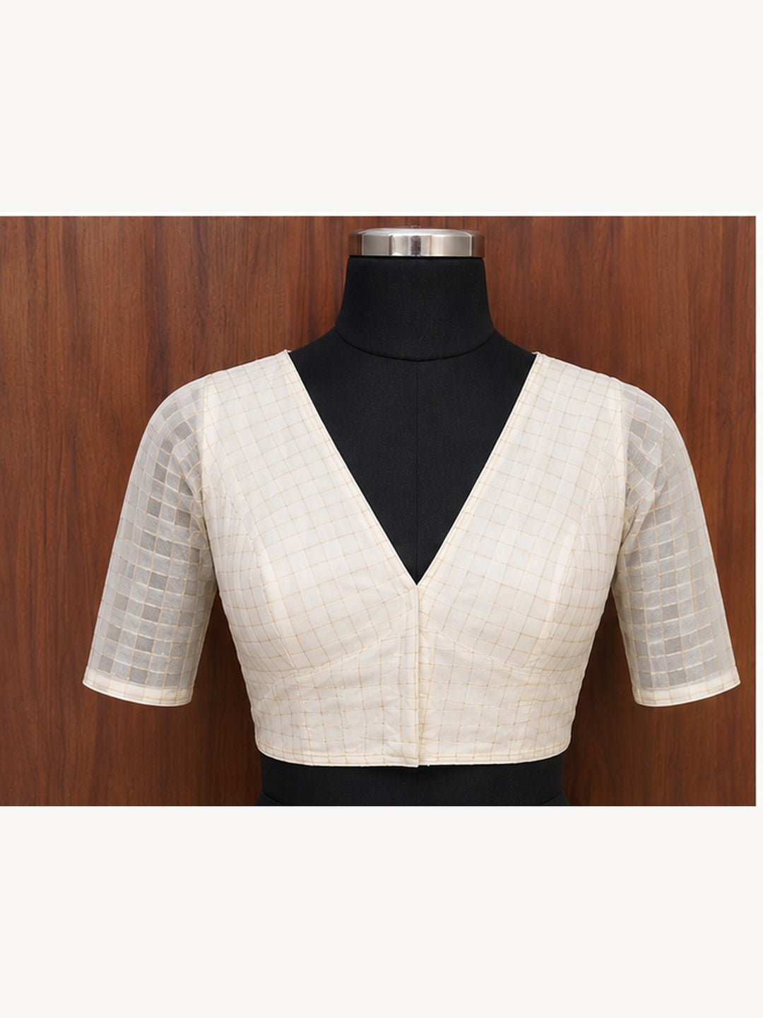 Off-white Banarasi Silk Checks | Elbow Sleeve Saree Blouse