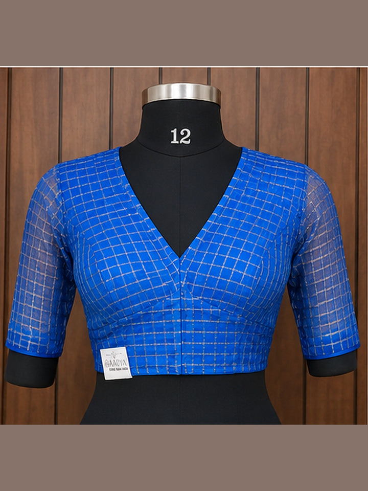 Blue Banarasi Silk Checks | Elbow Sleeve Saree Blouse