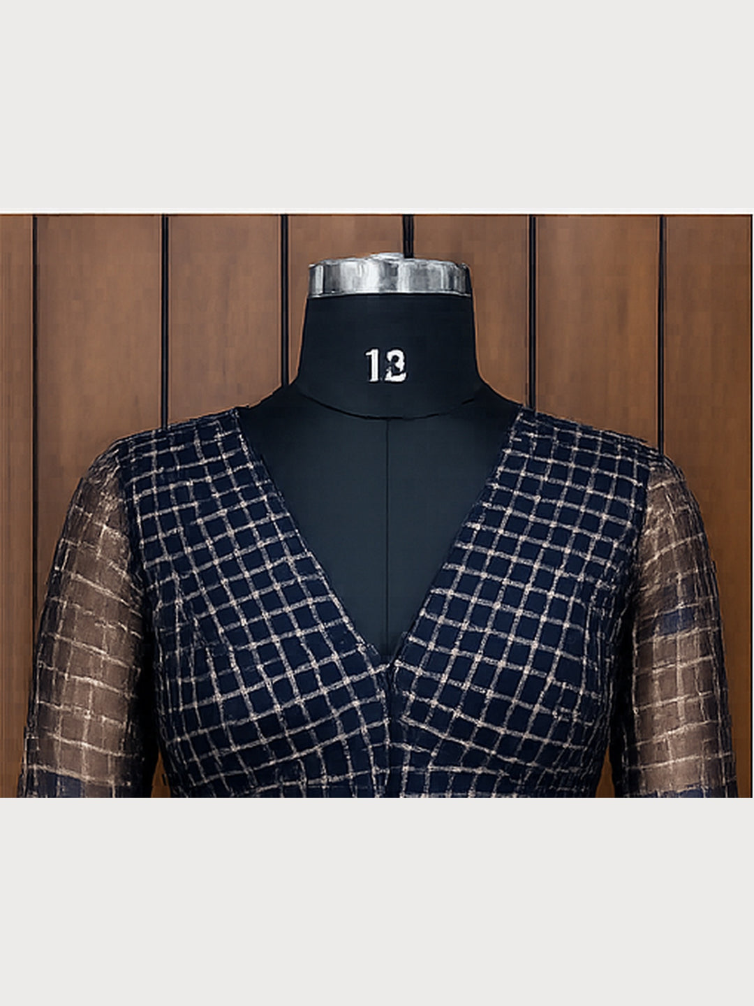 Blackish Navy Blue Banarasi Silk Checks | Elbow Sleeve Saree Blouse