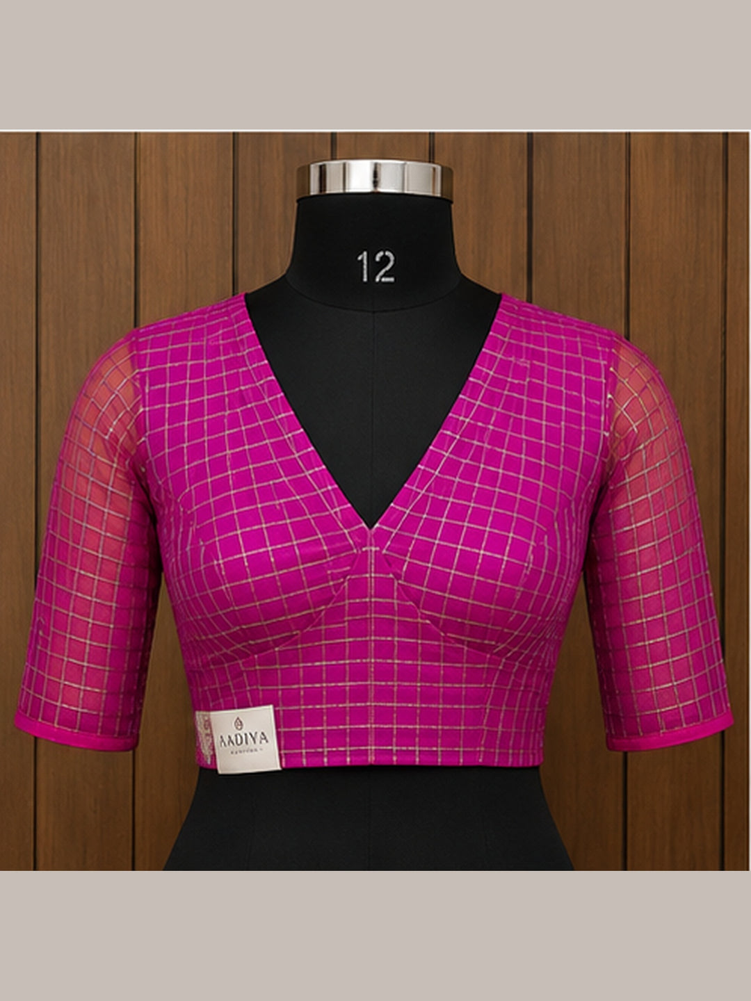 Pink Banarasi Silk Checks | Elbow Sleeve Saree Blouse