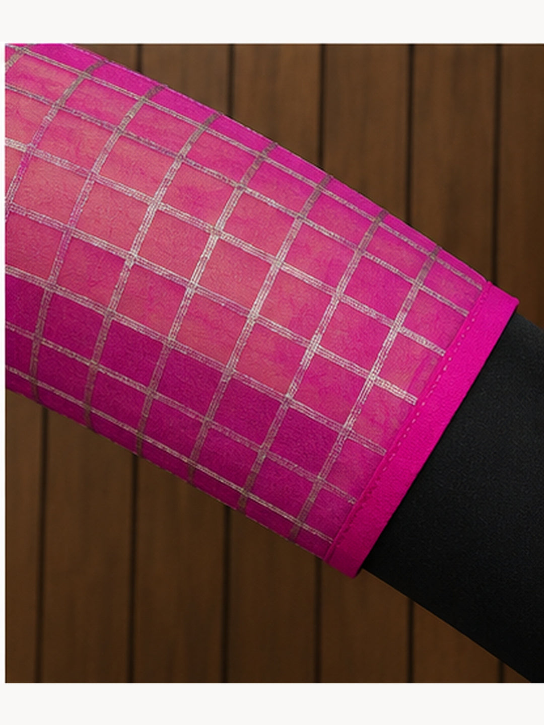 Pink Banarasi Silk Checks | Elbow Sleeve Saree Blouse