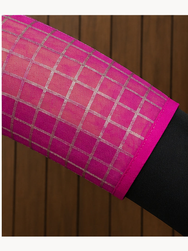 Pink Banarasi Silk Checks | Elbow Sleeve Saree Blouse