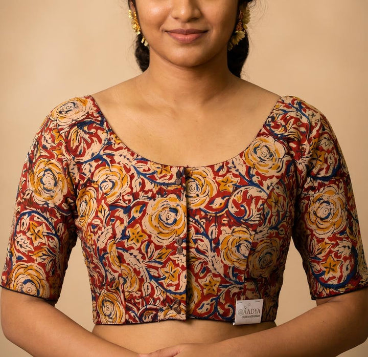 Gulmeher maroon Kalamkari cotton StretchFit blouse, U neck – close-up