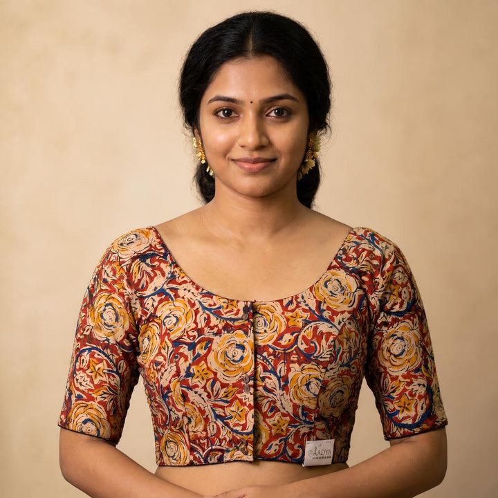 Gulmeher maroon Kalamkari cotton StretchFit blouse, U neck