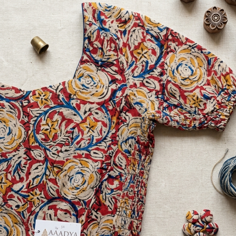 Gulmeher maroon Kalamkari cotton StretchFit blouse – print detail